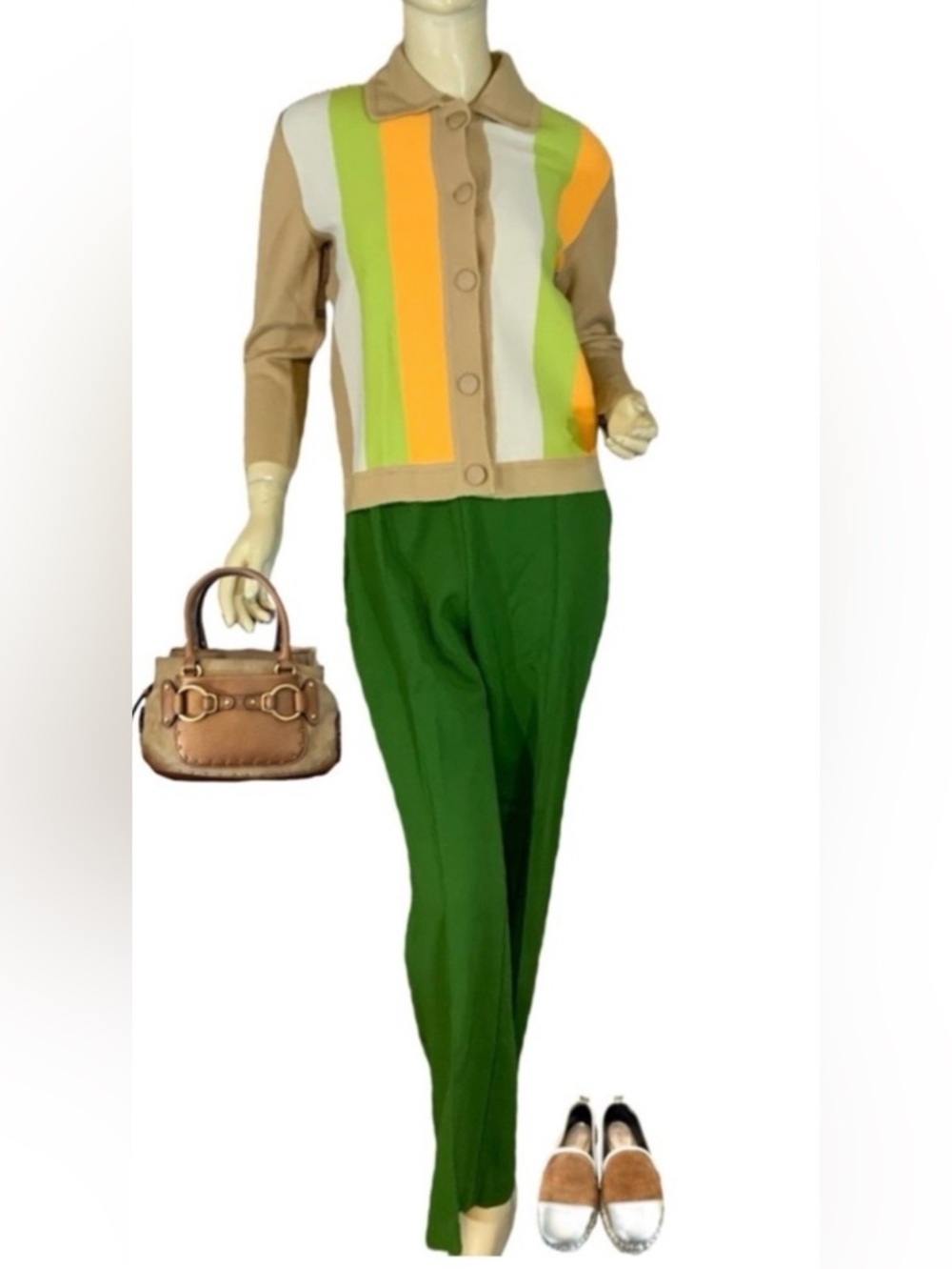 VINTAGE CIRCA 1970'S ALEX COLMAN GREEN FLARE LEG ELASTIC WAIST PANTS (M) - Picture 1 of 11